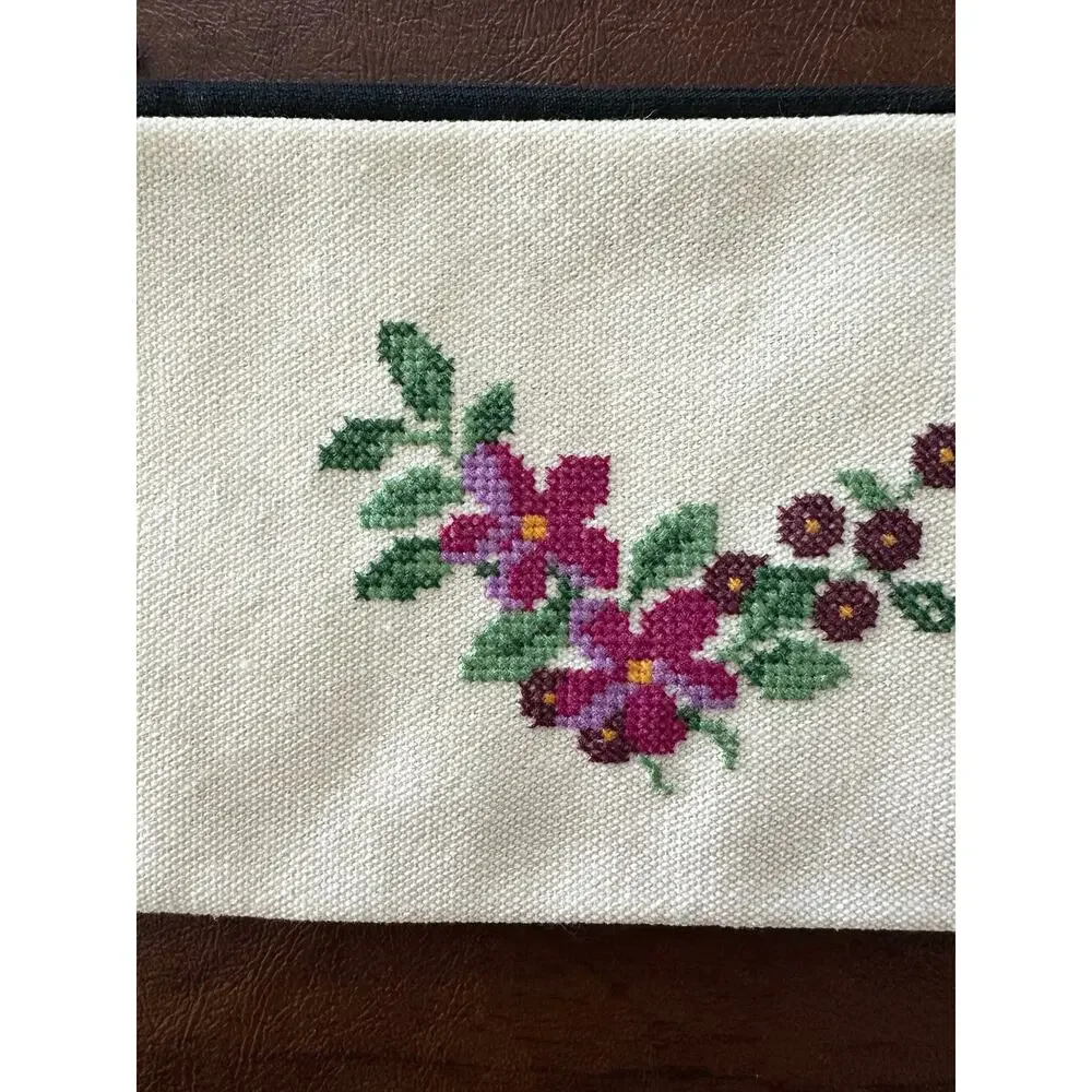 Hand Embroidered Floral Zipper Pouch Needlepoint Cosmetic Bag Boho Cottage